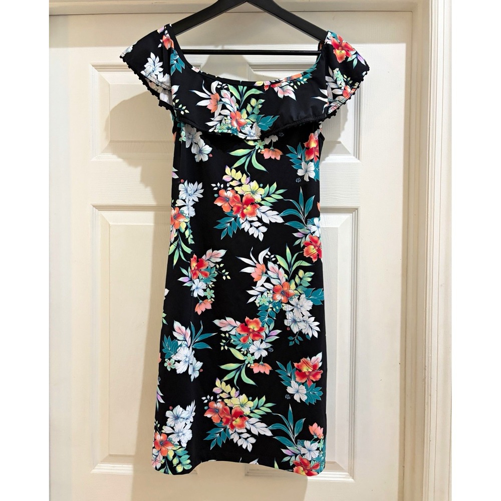 Tommy Bahama Black Floral Off Shoulder Ruffle Stretch Shift Dress Women's Small